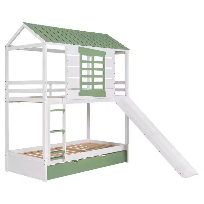 Lit superposé cabane double sur double avec toboggan convertible et lit gigogne, cadre de lit cabane en bois pour enfants garçons filles adolescents, blanc