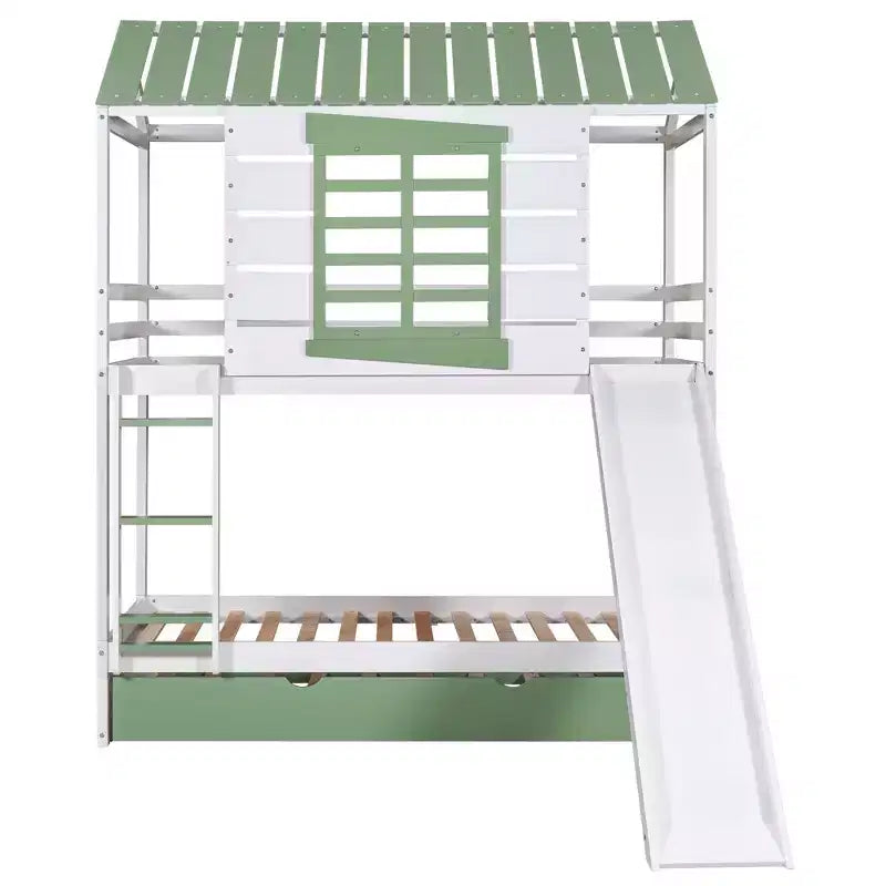 Lit superposé cabane double sur double avec toboggan convertible et lit gigogne, cadre de lit cabane en bois pour enfants garçons filles adolescents, blanc