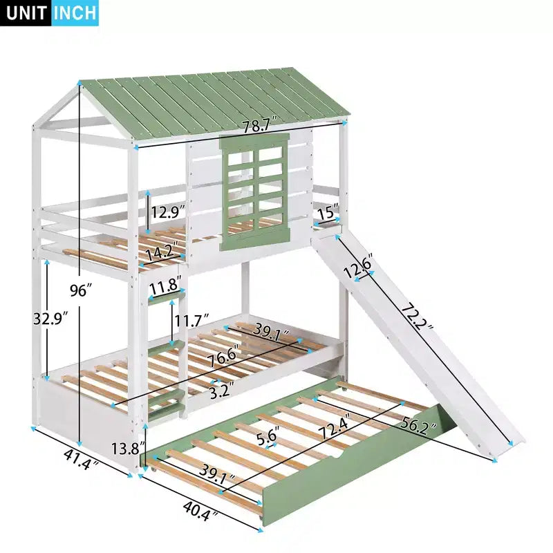 Lit superposé cabane double sur double avec toboggan convertible et lit gigogne, cadre de lit cabane en bois pour enfants garçons filles adolescents, blanc