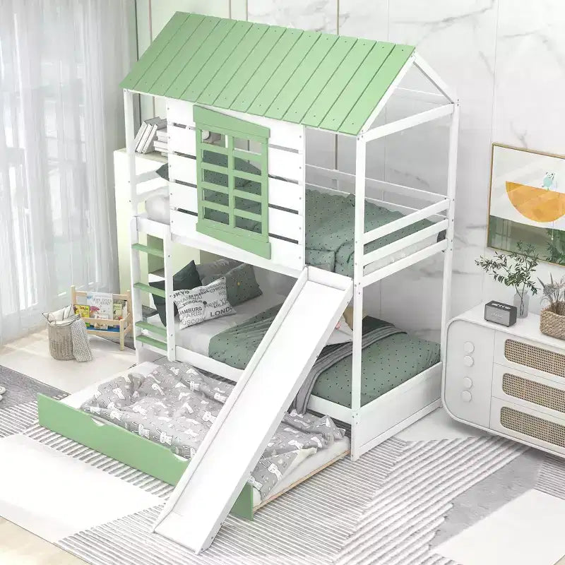 Lit superposé cabane double sur double avec toboggan convertible et lit gigogne, cadre de lit cabane en bois pour enfants garçons filles adolescents, blanc