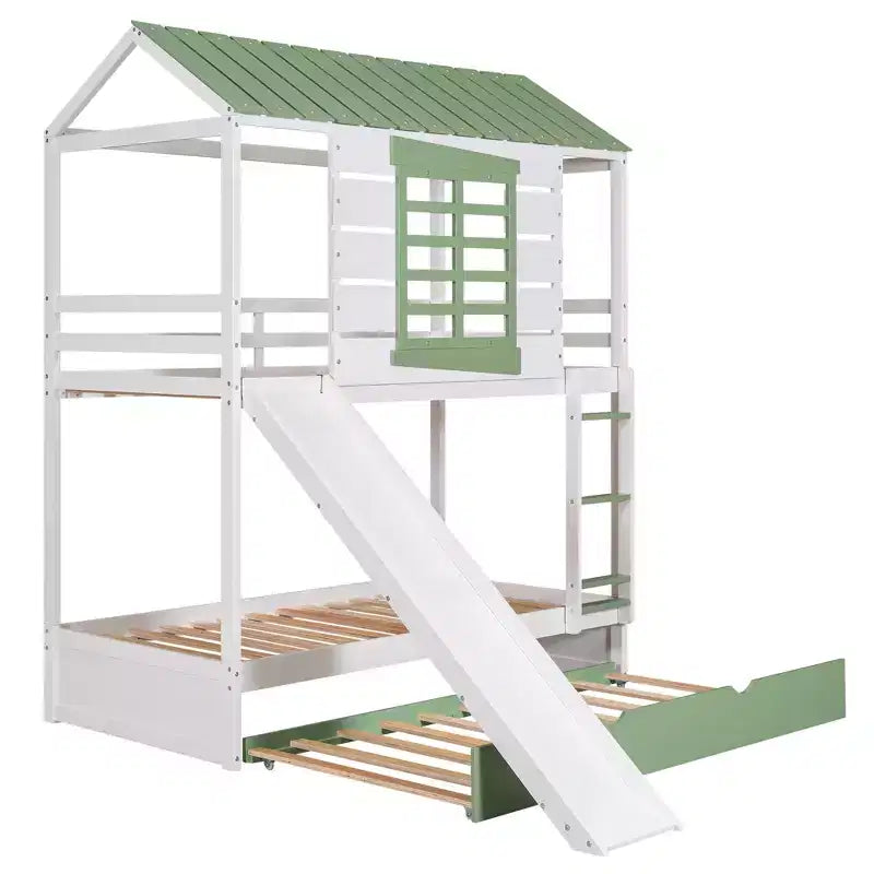 Lit superposé cabane double sur double avec toboggan convertible et lit gigogne, cadre de lit cabane en bois pour enfants garçons filles adolescents, blanc