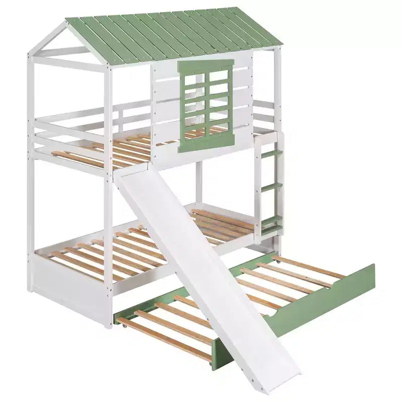 Lit superposé cabane double sur double avec toboggan convertible et lit gigogne, cadre de lit cabane en bois pour enfants garçons filles adolescents, blanc