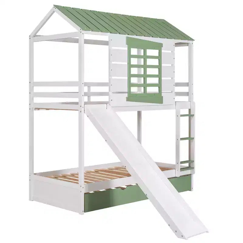 Lit superposé cabane double sur double avec toboggan convertible et lit gigogne, cadre de lit cabane en bois pour enfants garçons filles adolescents, blanc