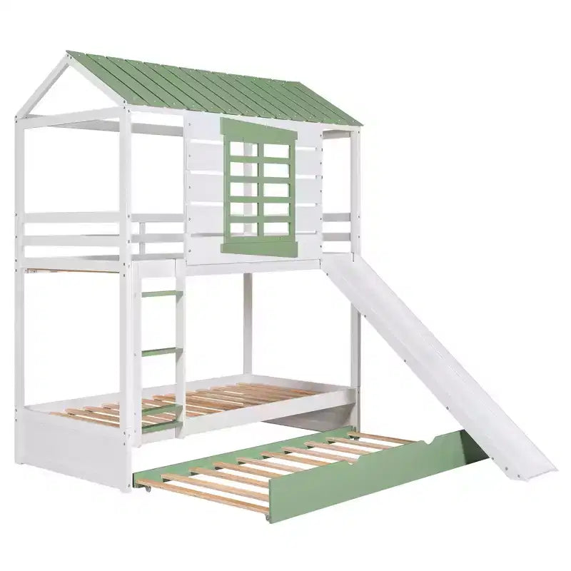 Lit superposé cabane double sur double avec toboggan convertible et lit gigogne, cadre de lit cabane en bois pour enfants garçons filles adolescents, blanc