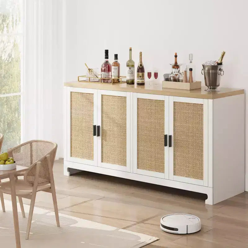 Buffet avec Rangement, Buffet de Ferme en Rotin de 152 cm avec 4 Portes - Étagères Réglables pour Salle à Manger, Salon, Entrée