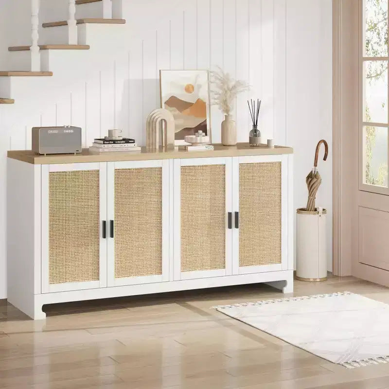 Buffet avec Rangement, Buffet de Ferme en Rotin de 152 cm avec 4 Portes - Étagères Réglables pour Salle à Manger, Salon, Entrée