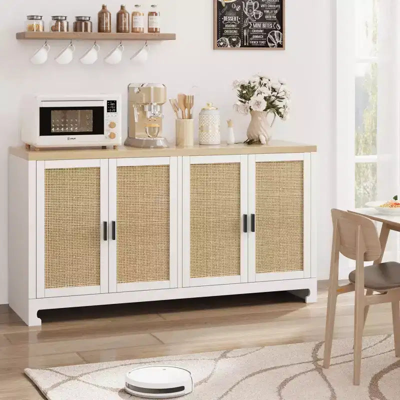 Buffet avec Rangement, Buffet de Ferme en Rotin de 152 cm avec 4 Portes - Étagères Réglables pour Salle à Manger, Salon, Entrée