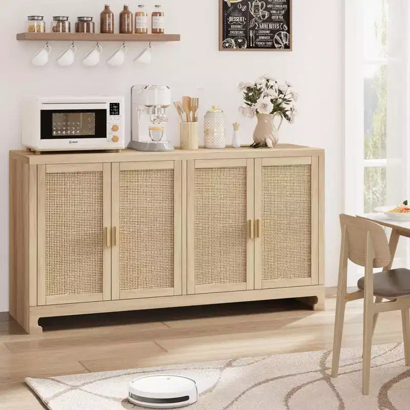 Buffet avec Rangement, Buffet de Ferme en Rotin de 152 cm avec 4 Portes - Étagères Réglables pour Salle à Manger, Salon, Entrée