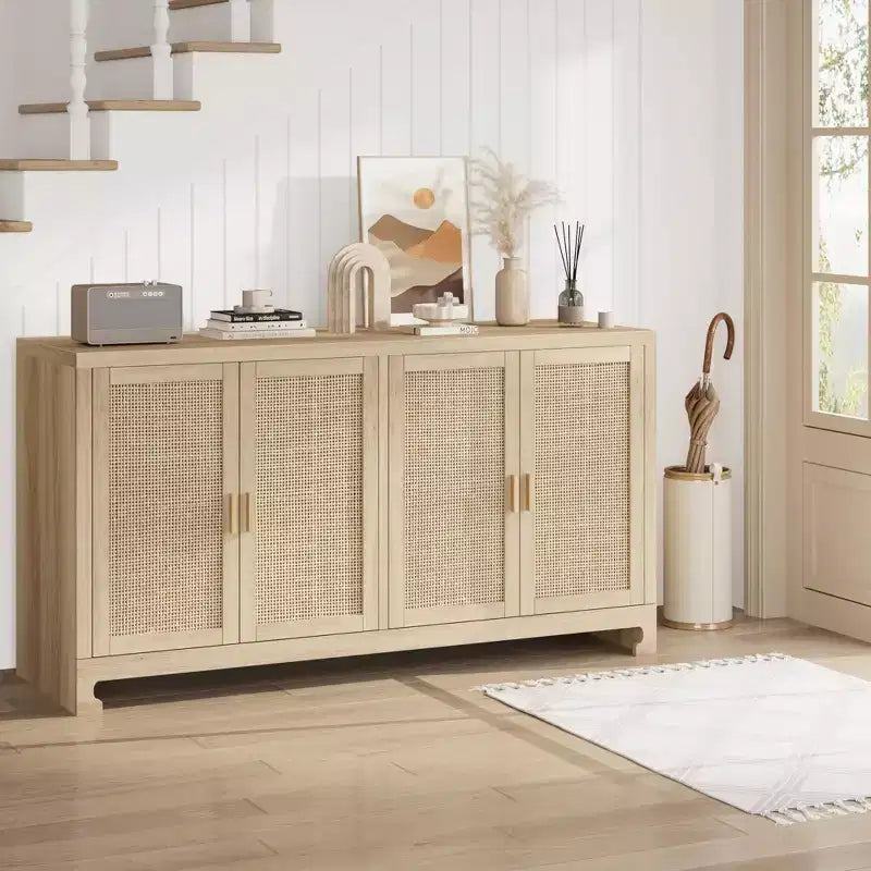 Buffet avec Rangement, Buffet de Ferme en Rotin de 152 cm avec 4 Portes - Étagères Réglables pour Salle à Manger, Salon, Entrée