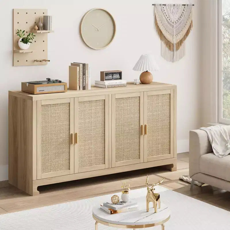 Buffet avec Rangement, Buffet de Ferme en Rotin de 152 cm avec 4 Portes - Étagères Réglables pour Salle à Manger, Salon, Entrée