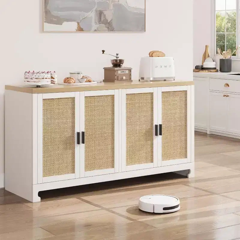 Buffet avec Rangement, Buffet de Ferme en Rotin de 152 cm avec 4 Portes - Étagères Réglables pour Salle à Manger, Salon, Entrée
