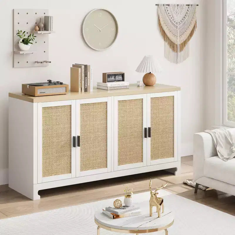 Buffet avec Rangement, Buffet de Ferme en Rotin de 152 cm avec 4 Portes - Étagères Réglables pour Salle à Manger, Salon, Entrée