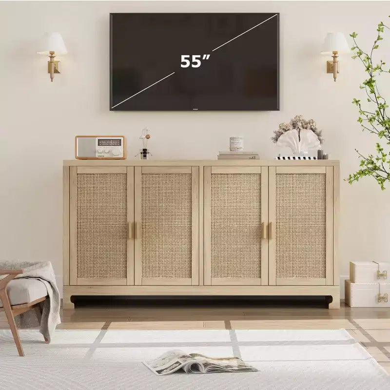Buffet Cabinet, 60 Rattan Farmhouse Storage Sideboard with 4 Doors - Adjustable Shelves for Dining Room Living Room Entryway