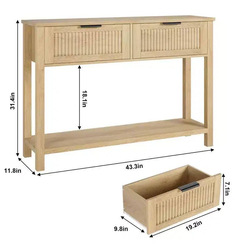TROPOW Table d'entrée cannelée avec 2 tiroirs, Table console pour entrée, Table basse en bois pour salon, hall, couloir - Couleur bois clair