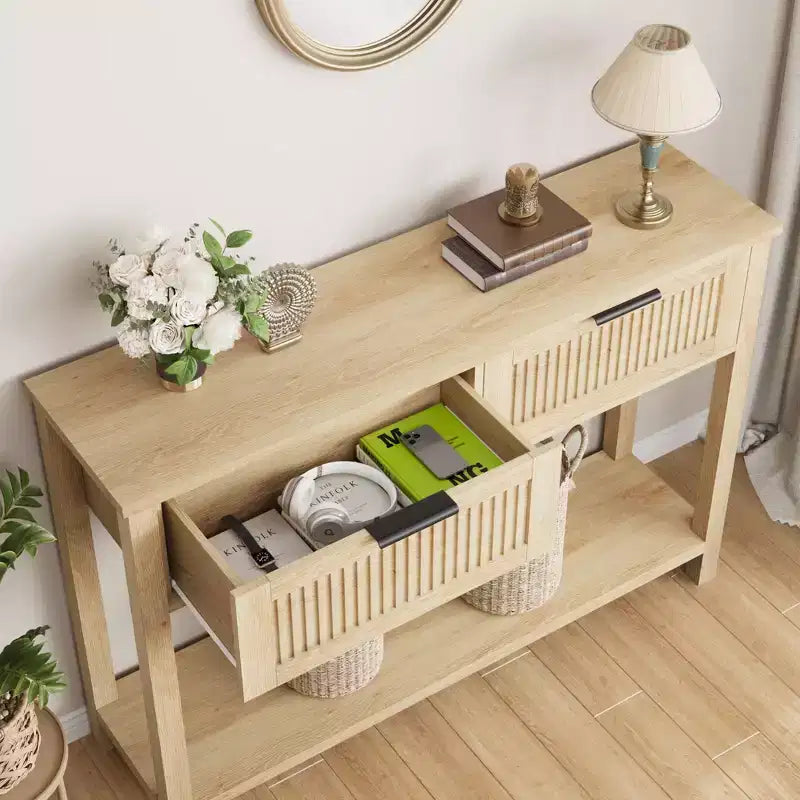 TROPOW Table d'entrée cannelée avec 2 tiroirs, Table console pour entrée, Table basse en bois pour salon, hall, couloir - Couleur bois clair
