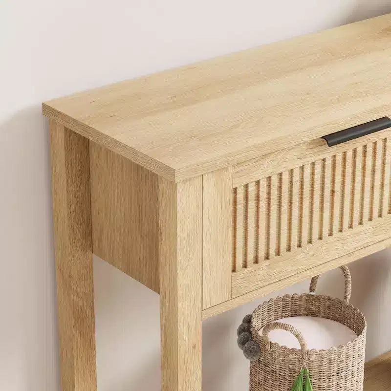 TROPOW Table d'entrée cannelée avec 2 tiroirs, Table console pour entrée, Table basse en bois pour salon, hall, couloir - Couleur bois clair