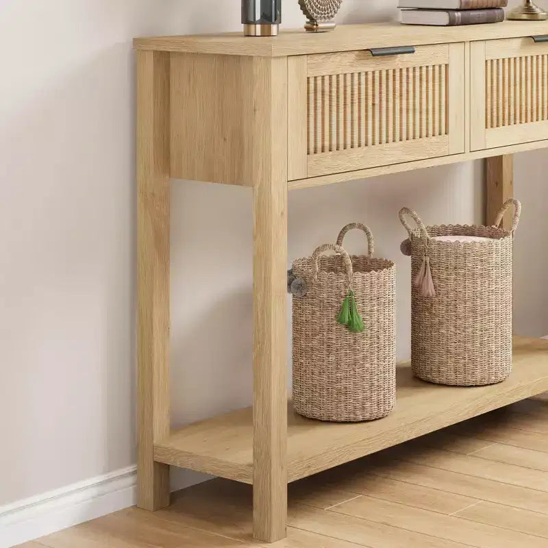 TROPOW Table d'entrée cannelée avec 2 tiroirs, Table console pour entrée, Table basse en bois pour salon, hall, couloir - Couleur bois clair