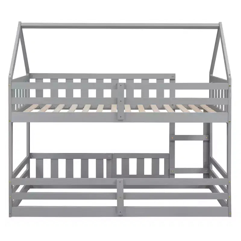 Lit superposé cabane jumeau sur jumeau pour enfants, lit superposé bas au sol avec clôture et porte, lit superposé cabane en bois de taille jumeau