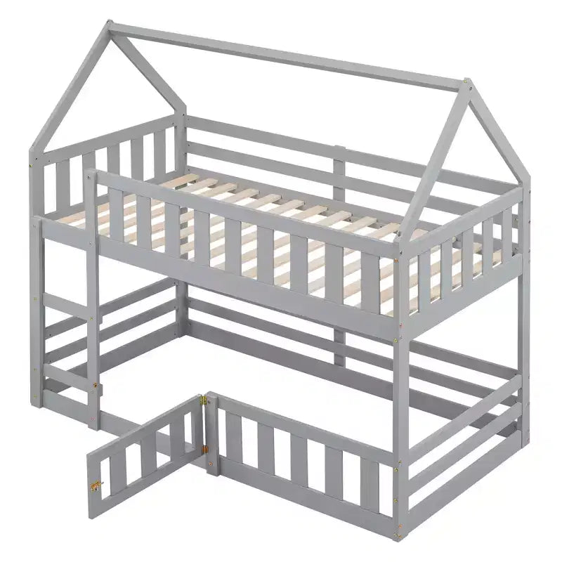Lit superposé cabane jumeau sur jumeau pour enfants, lit superposé bas au sol avec clôture et porte, lit superposé cabane en bois de taille jumeau