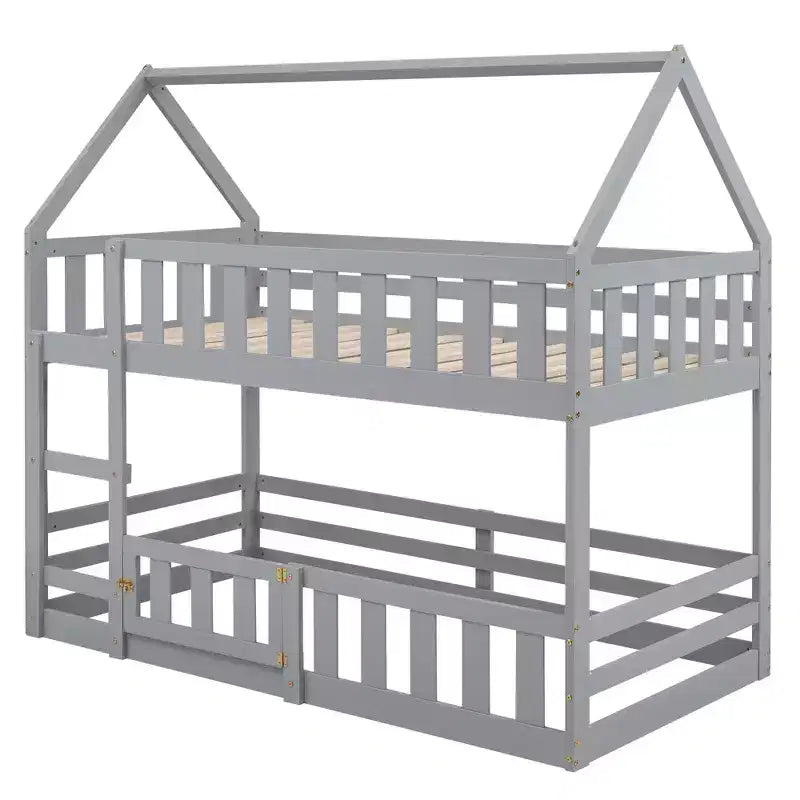 Lit superposé cabane jumeau sur jumeau pour enfants, lit superposé bas au sol avec clôture et porte, lit superposé cabane en bois de taille jumeau