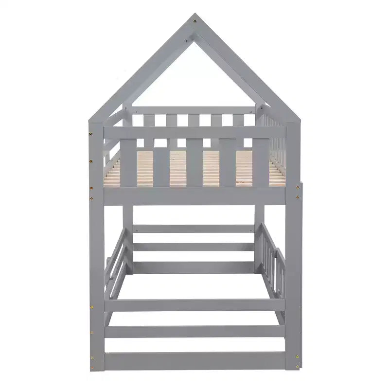 Lit superposé cabane jumeau sur jumeau pour enfants, lit superposé bas au sol avec clôture et porte, lit superposé cabane en bois de taille jumeau