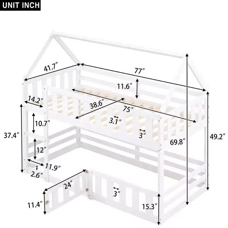 Lit superposé cabane jumeau sur jumeau pour enfants, lit superposé bas au sol avec clôture et porte, lit superposé cabane en bois de taille jumeau