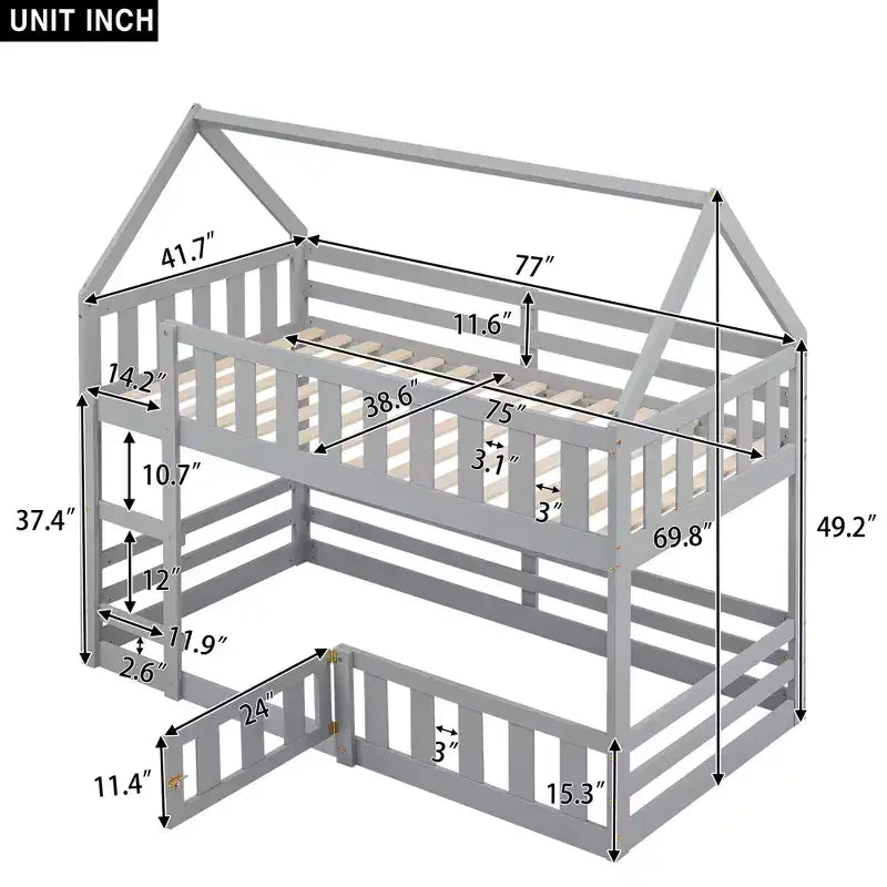 Lit superposé cabane jumeau sur jumeau pour enfants, lit superposé bas au sol avec clôture et porte, lit superposé cabane en bois de taille jumeau