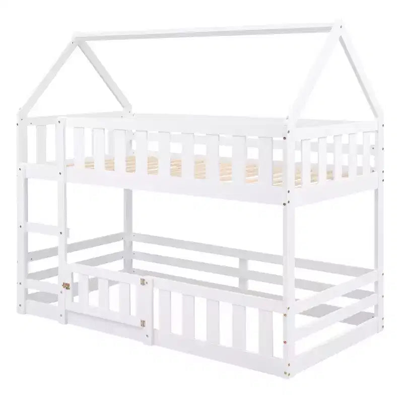 Lit superposé cabane jumeau sur jumeau pour enfants, lit superposé bas au sol avec clôture et porte, lit superposé cabane en bois de taille jumeau