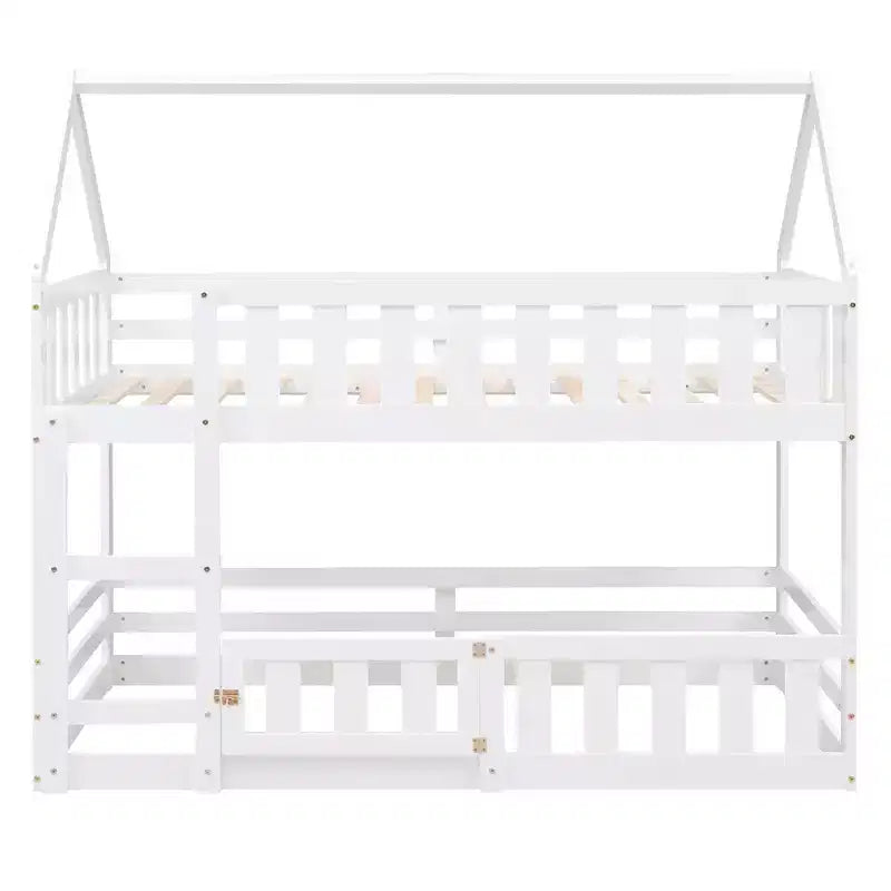 Lit superposé cabane jumeau sur jumeau pour enfants, lit superposé bas au sol avec clôture et porte, lit superposé cabane en bois de taille jumeau