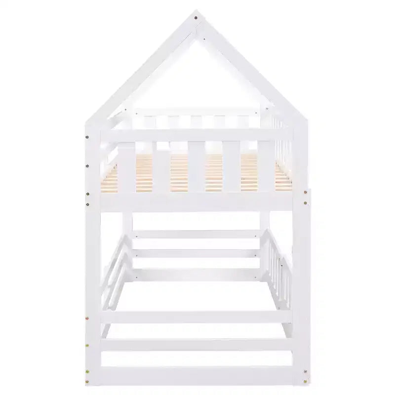 Lit superposé cabane jumeau sur jumeau pour enfants, lit superposé bas au sol avec clôture et porte, lit superposé cabane en bois de taille jumeau