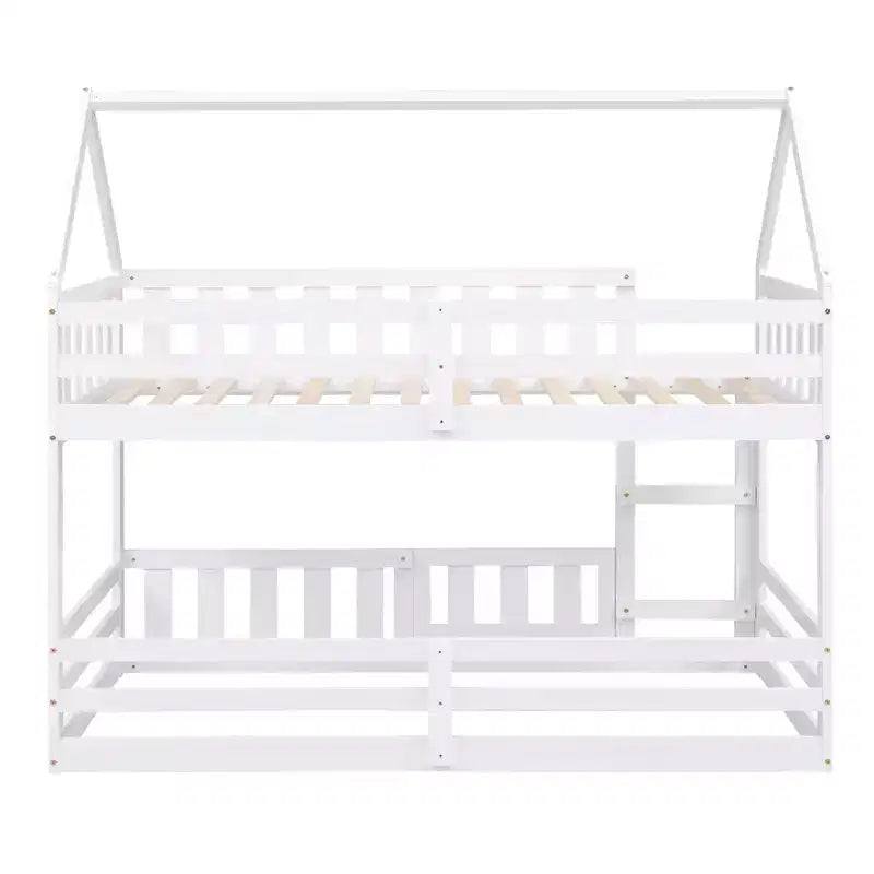 Lit superposé cabane jumeau sur jumeau pour enfants, lit superposé bas au sol avec clôture et porte, lit superposé cabane en bois de taille jumeau