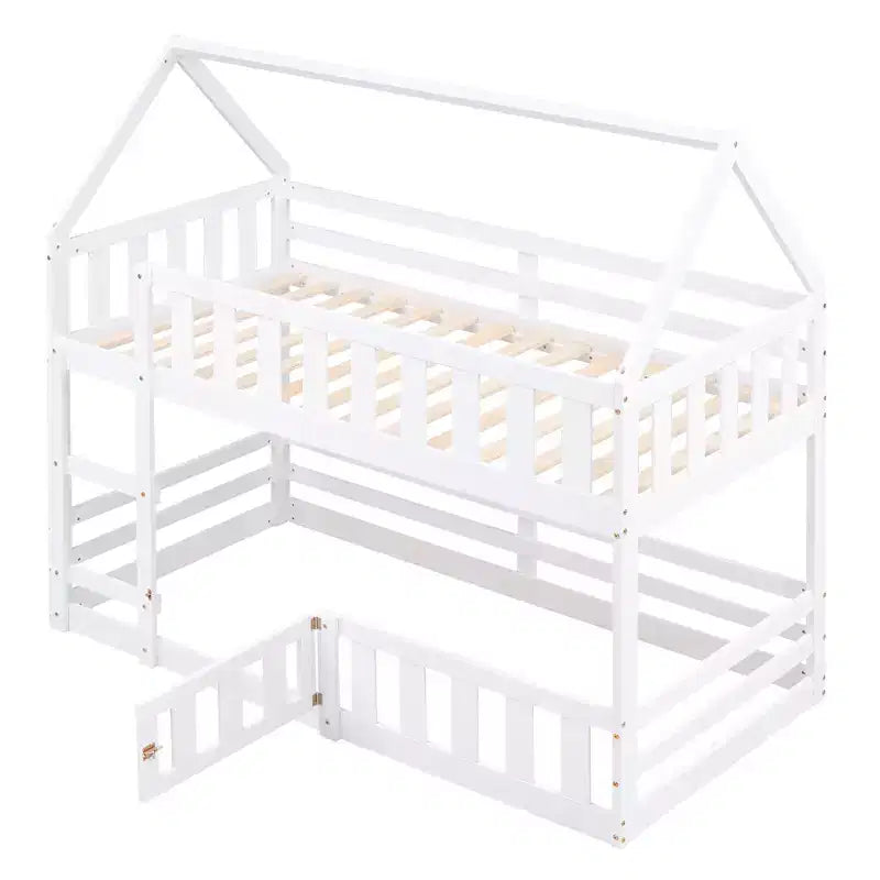 Lit superposé cabane jumeau sur jumeau pour enfants, lit superposé bas au sol avec clôture et porte, lit superposé cabane en bois de taille jumeau