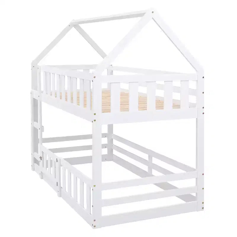 Lit superposé cabane jumeau sur jumeau pour enfants, lit superposé bas au sol avec clôture et porte, lit superposé cabane en bois de taille jumeau