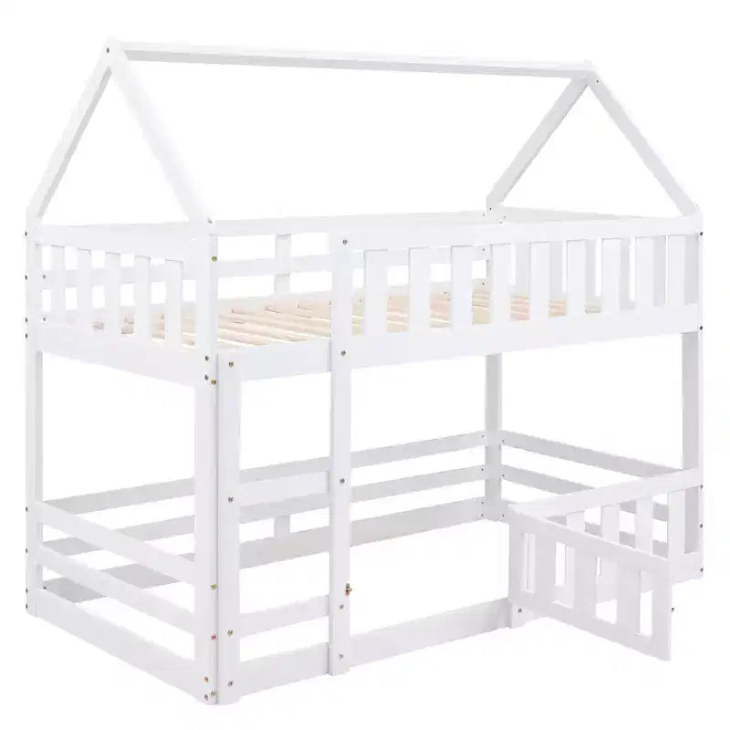 Lit superposé cabane jumeau sur jumeau pour enfants, lit superposé bas au sol avec clôture et porte, lit superposé cabane en bois de taille jumeau
