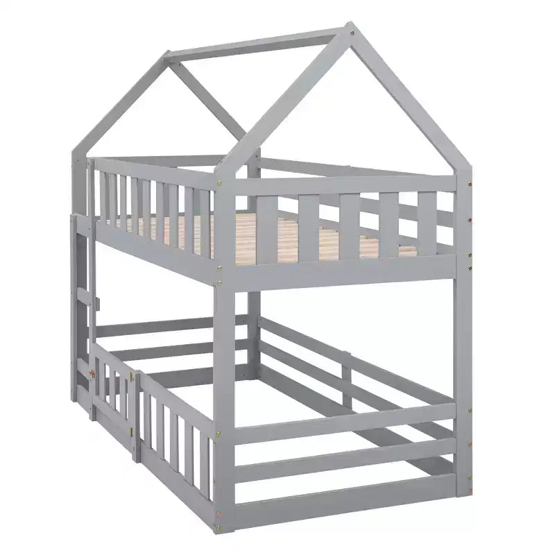 Lit superposé cabane jumeau sur jumeau pour enfants, lit superposé bas au sol avec clôture et porte, lit superposé cabane en bois de taille jumeau