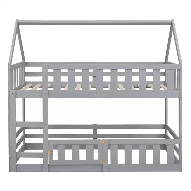 Lit superposé cabane jumeau sur jumeau pour enfants, lit superposé bas au sol avec clôture et porte, lit superposé cabane en bois de taille jumeau