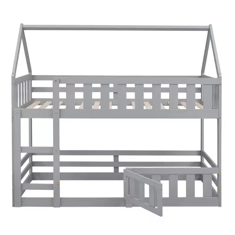 Lit superposé cabane jumeau sur jumeau pour enfants, lit superposé bas au sol avec clôture et porte, lit superposé cabane en bois de taille jumeau