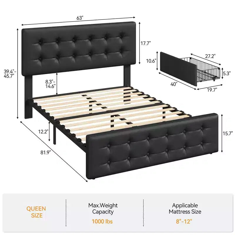 Cadre de lit, lit plateforme queen en similicuir rembourré avec 4 tiroirs de rangement et tête de lit – capitonné, pas besoin de sommier tapissier noir