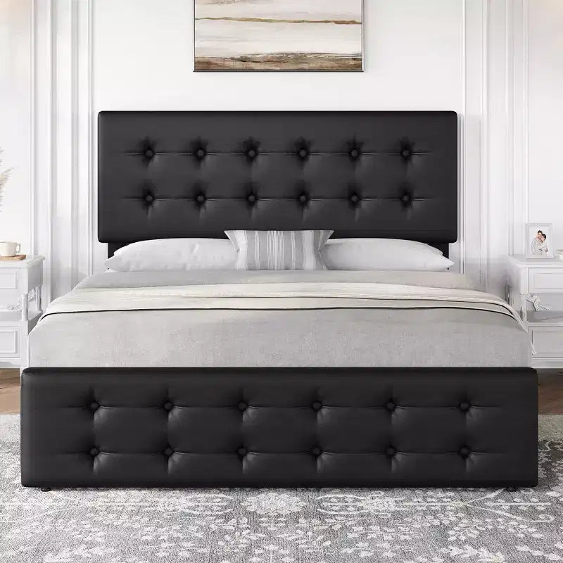 Cadre de lit, lit plateforme queen en similicuir rembourré avec 4 tiroirs de rangement et tête de lit – capitonné, pas besoin de sommier tapissier noir