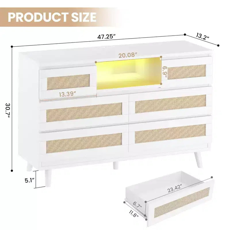 Grande commode en rotin et bois à 6 tiroirs, commodes en bois naturel avec lumière LED et station de recharge pour placard, chambre d'enfant, salon