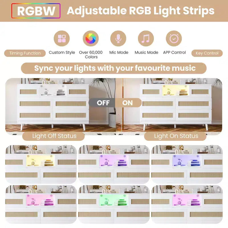 Grande commode en rotin et bois à 6 tiroirs, commodes en bois naturel avec lumière LED et station de recharge pour placard, chambre d'enfant, salon