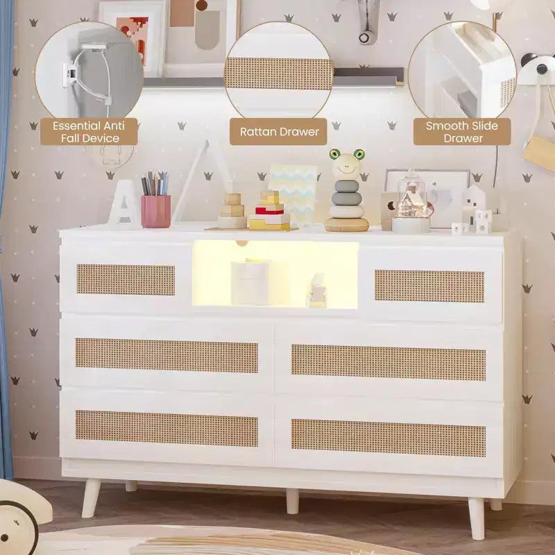 Grande commode en rotin et bois à 6 tiroirs, commodes en bois naturel avec lumière LED et station de recharge pour placard, chambre d'enfant, salon