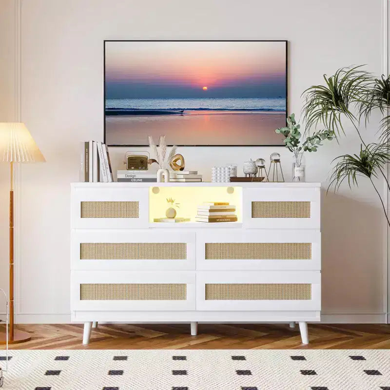 Grande commode en rotin et bois à 6 tiroirs, commodes en bois naturel avec lumière LED et station de recharge pour placard, chambre d'enfant, salon
