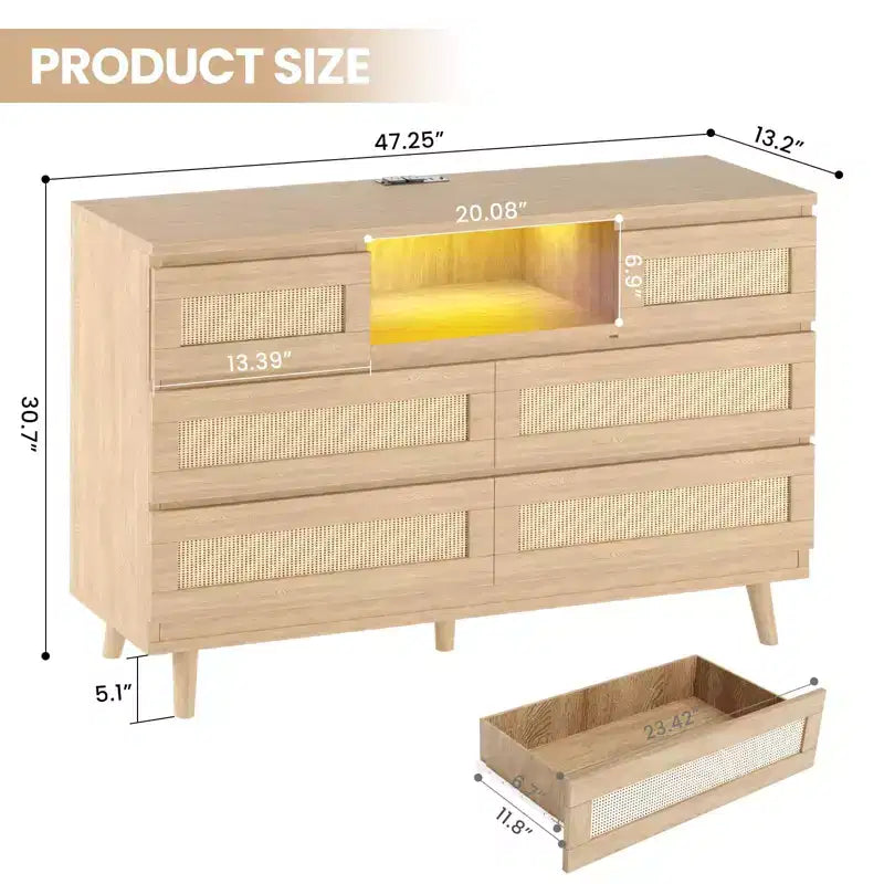 Grande commode en rotin et bois à 6 tiroirs, commodes en bois naturel avec lumière LED et station de recharge pour placard, chambre d'enfant, salon