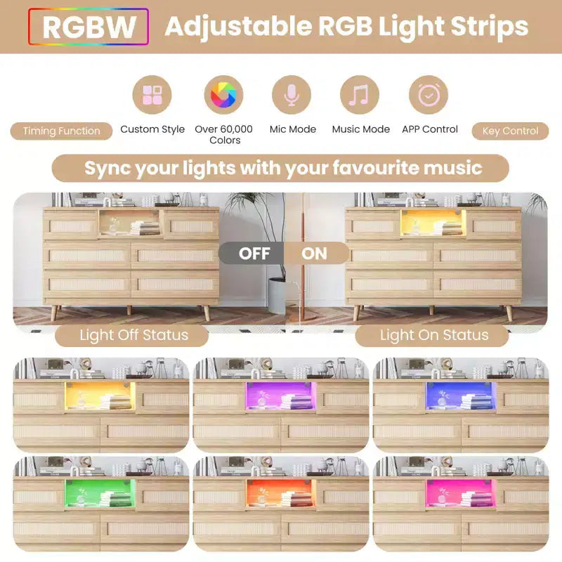 Grande commode en rotin et bois à 6 tiroirs, commodes en bois naturel avec lumière LED et station de recharge pour placard, chambre d'enfant, salon