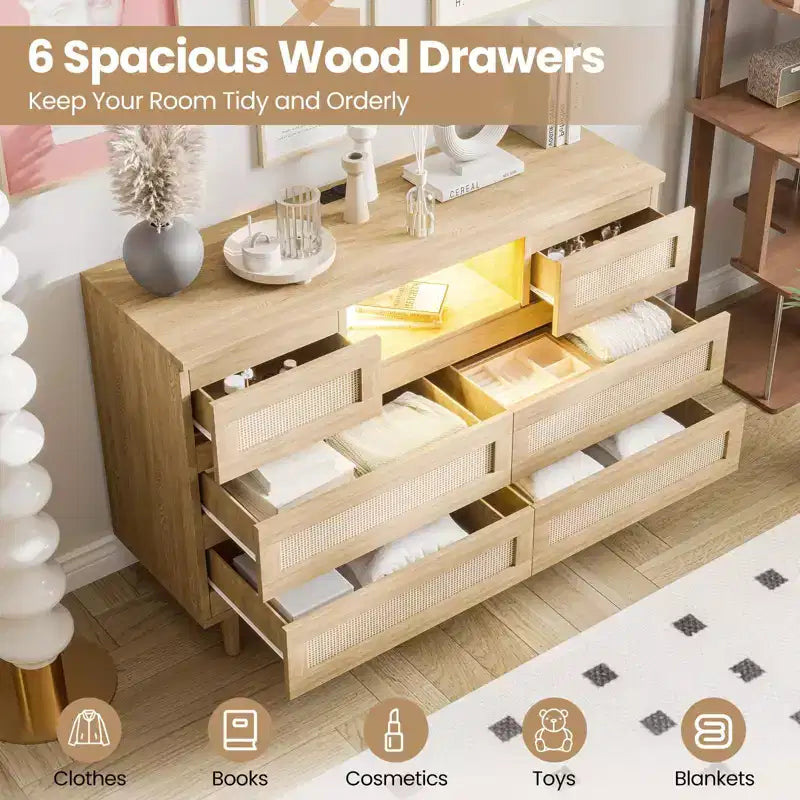 Grande commode en rotin et bois à 6 tiroirs, commodes en bois naturel avec lumière LED et station de recharge pour placard, chambre d'enfant, salon
