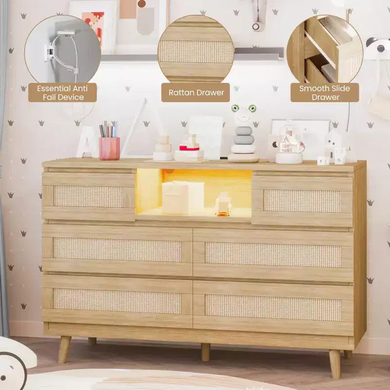 Grande commode en rotin et bois à 6 tiroirs, commodes en bois naturel avec lumière LED et station de recharge pour placard, chambre d'enfant, salon