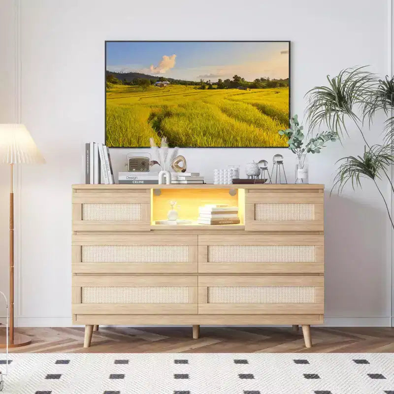 Grande commode en rotin et bois à 6 tiroirs, commodes en bois naturel avec lumière LED et station de recharge pour placard, chambre d'enfant, salon