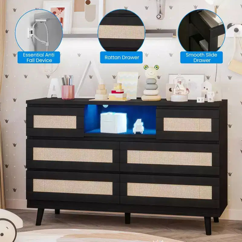 Grande commode en rotin et bois à 6 tiroirs, commodes en bois naturel avec lumière LED et station de recharge pour placard, chambre d'enfant, salon