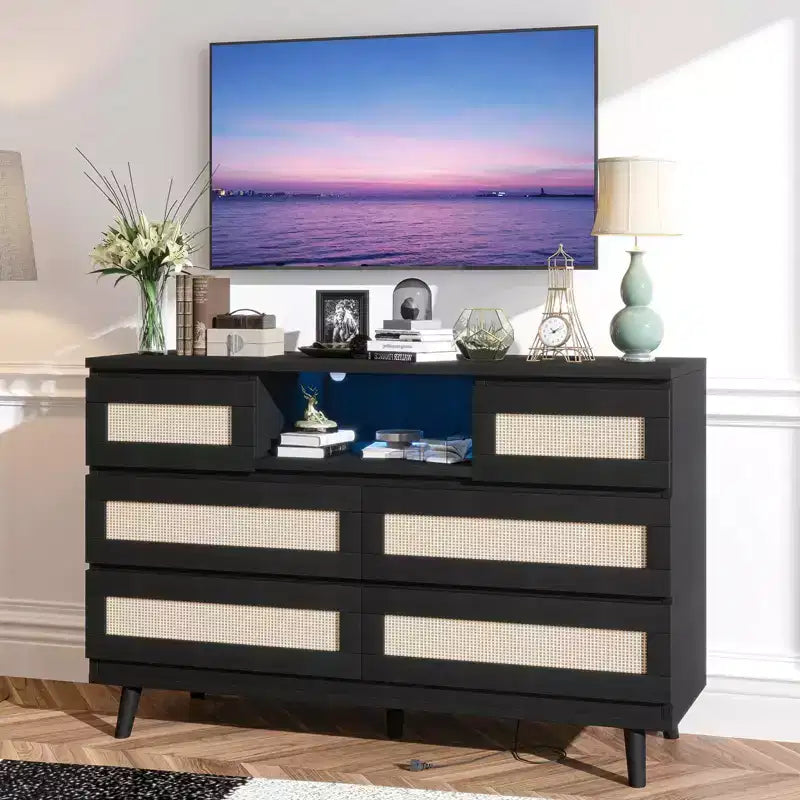 Grande commode en rotin et bois à 6 tiroirs, commodes en bois naturel avec lumière LED et station de recharge pour placard, chambre d'enfant, salon
